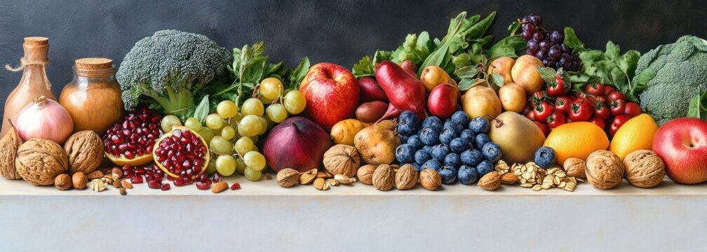 vibrant abundant still life of fresh fruits, vegetables and nuts on a table with pomegranate, grapes, blueberries, apples, pears, tomatoes, broccoli, jars and leafy greens, inviting