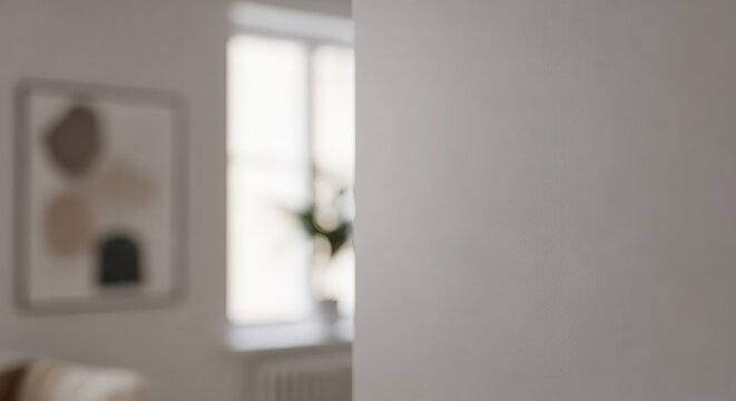 Minimalist interior space displays soft abstract artwork near a brightly lit window