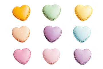 A arrangement of heart-shaped macarons in various pastel colors. a delightful dessert display perfect for celebrations or events. with a clean white background enhancing their appeal