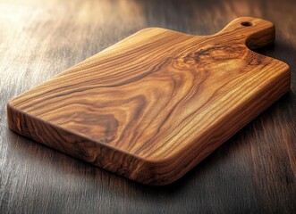Polished wooden cutting board with handle resting on a dark wood table, warm rustic grain and inviting kitchen atmosphere