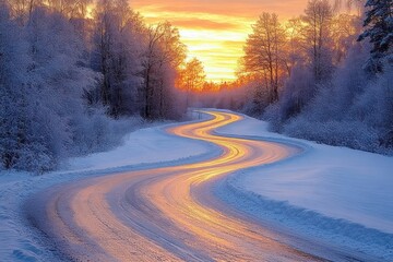 Winding icy road through frost-covered forest at golden sunset, warm light reflecting on snow, serene and tranquil winter scene
