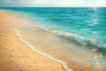 Sunlit sandy beach with turquoise ocean, gentle waves, scattered footprints and calm horizon conveying peaceful serenity
