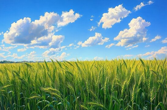 sunlit green wheat field with tall stalks beneath a bright blue sky dotted with fluffy white clouds, peaceful summer breeze and serene countryside mood