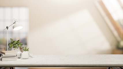Lamp and books aside pot plant on marble counter table across glass wall window in bright attic room. Product Display, 3D Rendering, 3D Illustration.