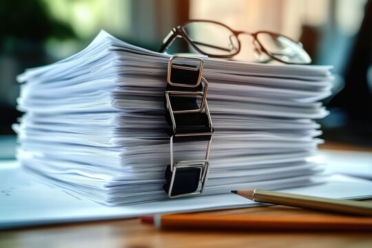 thick stack of papers secured with a buckle strap, reading glasses resting on top and pencils beside on a desk, conveying focused busy office work and mild overwhelm