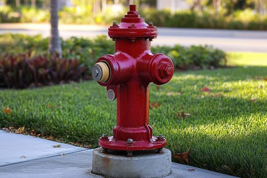 shiny red fire hydrant on a concrete base beside a sidewalk and green lawn in a sunlit suburban street scene conveying reliability and readiness