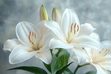 Obraz premium Three white lily blossoms with orange stamens, two closed buds and glossy green leaves against a soft blurred gray background, peaceful and elegant