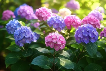 colorful hydrangea blooms in pink blue and purple glowing in morning sunlight with lush green leaves, serene and joyful garden scene