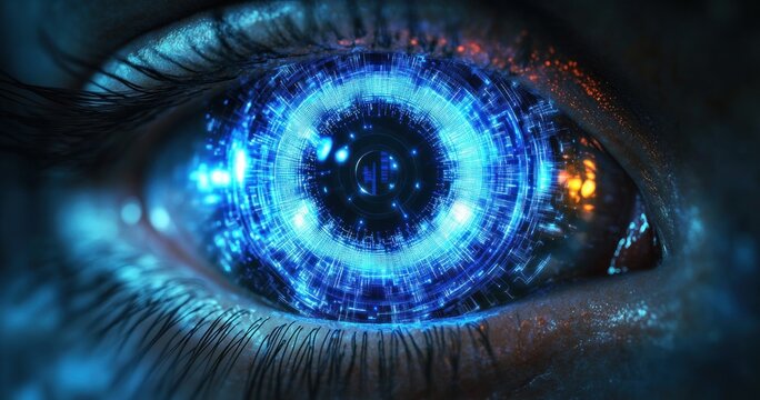 Close up of a human eye with a glowing blue cybernetic digital iris of concentric circuitry rings reflecting an orange light, wet skin and eyelashes, intense focused futuristic gaze