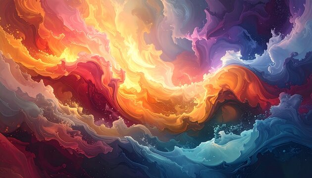 Abstract swirling colors, resembling a vivid cosmic cloud with orange, blue, red, and purple hues