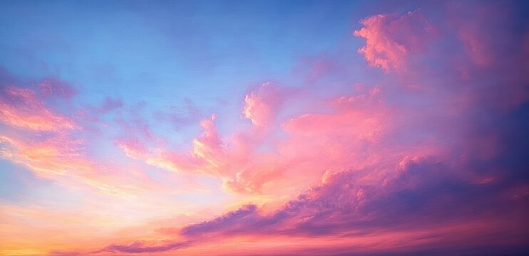 sweeping sunset sky of pink and purple clouds over a calm blue horizon, serene and awe-inspiring dusk scene