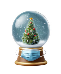 Festive party props christmas set featuring decorated tree in snow globe with surgical mask hinting protection and hope