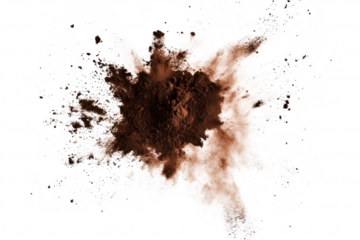 An explosion of rich brown cocoa powder bursts against a stark white background. creating a dynamic visual effect ideal for culinary and baking themes