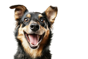 A happy dog with a joyful expression poses against a clean white background. its playful nature and personality. ideal for pet-related content or advertising