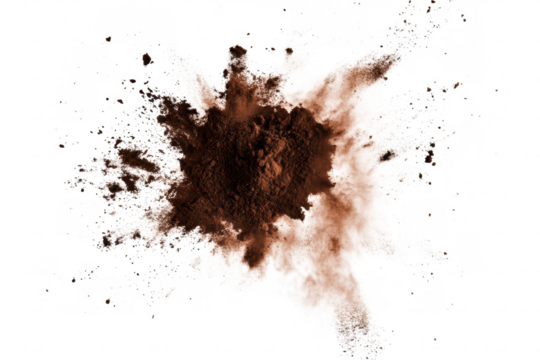 An explosion of rich brown cocoa powder bursts against a stark white background. creating a dynamic visual effect ideal for culinary and baking themes