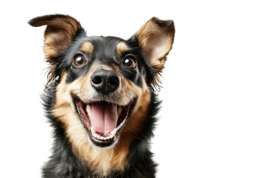 A happy dog with a joyful expression poses against a clean white background. its playful nature and personality. ideal for pet-related content or advertising
