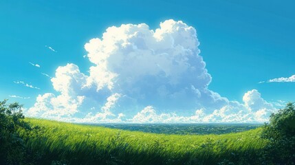 Fototapeta premium sunlit green meadow and low bushes framing a vast blue sky with a towering white cumulus cloud, evoking calm awe and peaceful summer solitude