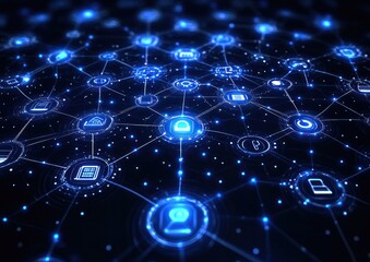 glowing blue network of interconnected digital nodes and icons with lock, device, document and communication symbols conveying secure futuristic connectivity