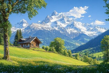 rustic wooden chalet by a shady tree on a flower-filled meadow with rolling green hills and towering snow-capped mountains under a bright blue sky, serene and peaceful