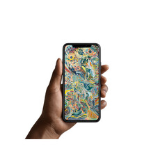 Hand holding modern smartphone displaying vibrant abstract art, perfect for mobile backgrounds, artistic promotions and eye-catching digital content, bold and innovative design
