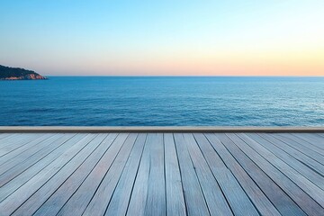 Fototapeta premium Wooden deck overlooking a calm blue sea and distant rocky headland beneath a pastel sunrise sky, serene and peaceful coastal panorama