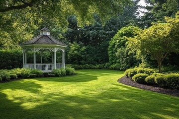 Obraz premium White wooden gazebo in a sunlit manicured garden with lush green lawn, trimmed shrubs, tall trees and serene dappled light