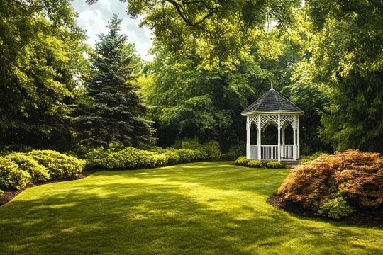 white wooden gazebo on a manicured green lawn surrounded by evergreen and deciduous trees, ornamental shrubs and dappled sunlight evoking a peaceful, tranquil garden retreat