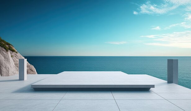 Minimalist concrete terrace with low platform and two rectangular pillars overlooking calm turquoise sea and rocky cliff under clear sky, serene and contemplative mood