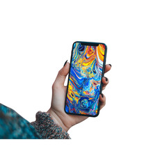 Hand holding smartphone displaying vibrant abstract art, perfect for tech, design, or modern lifestyle concepts, inspiring creativity and innovation, ideal for app promotion