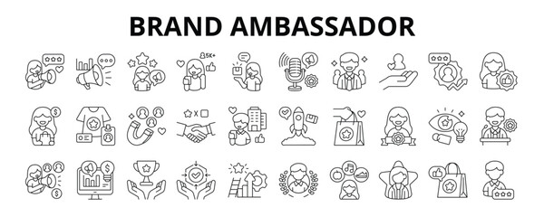 30 Brand Ambassador Line Icons Vector - Brand Advocate, Marketing, Influencer, Endorsement, Public Figure, Trusted, Ambassador, Recommendation