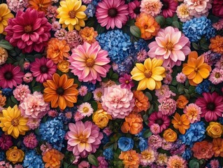 Abundant colorful floral collage of roses, dahlias, hydrangeas and daisy-like blooms conveying joyful, vibrant and lush emotion