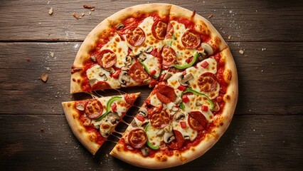 Cheese and Vegetable Pizza on Wooden Surface with Slice Removed