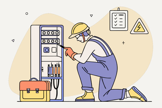 Expert electrician meticulously inspecting electrical panel, ensuring safety and optimal performance in a modern industrial setting, promoting reliability and trust