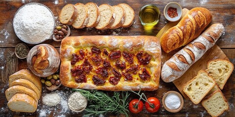 Rustic, inviting spread of artisanal breads and focaccia topped with sun-dried tomatoes, sliced loaves and rounds, bowls of flour, olives, salt and chili flakes, olive oil, rosemary and vine tomatoes