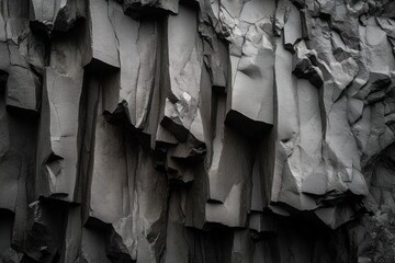 Austere dark basalt cliff with vertical hexagonal rock columns, jagged cracks and deep shadows creating a dramatic, imposing textured stone formation