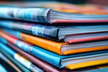 close-up of neatly stacked colorful magazines and booklets with glossy covers and visible page edges, vibrant and inviting
