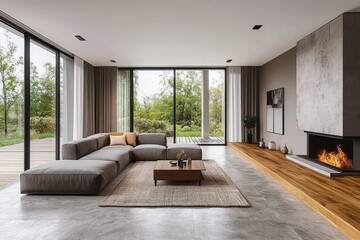 Fototapeta premium Spacious modern living room with floor-to-ceiling windows, gray L-shaped sofa, low wooden coffee table on textured rug, built-in fireplace and peaceful green views, serene cozy atmosphere