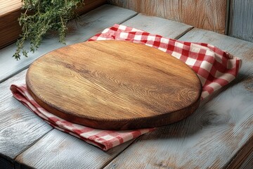 round wooden cutting board on red and white checkered cloth atop weathered painted wood table with hanging fresh herbs, cozy rustic kitchen mood