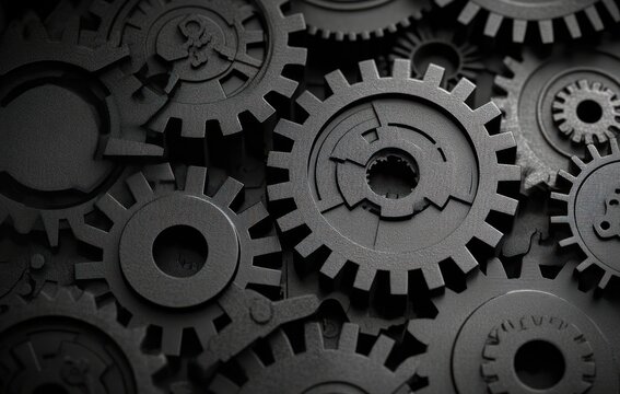 Close-up of interlocking dark textured metal gears conveying industrial precision and mechanical complexity