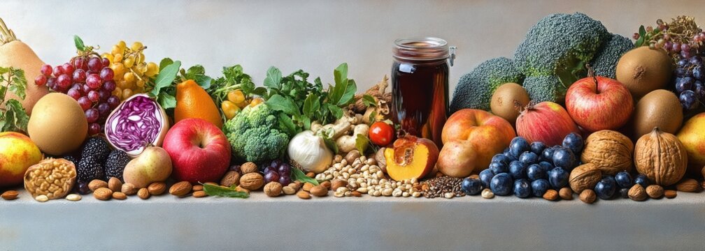 bountiful inviting spread of fresh fruits, vegetables, nuts, legumes and a jar of preserves on a table, vibrant colorful wholesome abundance - Powered by Adobe