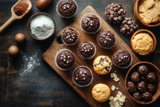 rustic baking spread of chocolate and vanilla muffins on a wooden board with chocolate truffles, bowls of chips, flour, eggs, cocoa powder and oats, warm inviting and indulgent