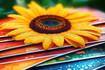 vibrant sunflower with dewdrops resting on a fan of colorful glossy photos, close-up macro still life evoking freshness and cheer