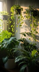 Interior space features an assortment of green foliage plants basking in natural sunlight