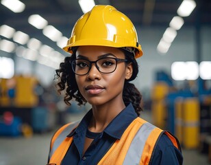 A woman with curly hair wearing a yellow hard hat, glasses, and orange vest stands in a warehouse