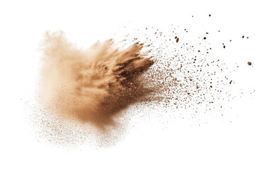 Fototapeta premium A dynamic explosion of brown powder creating a cloud of dust against a white background. suggesting movement and energy. ideal for creative projects or culinary themes