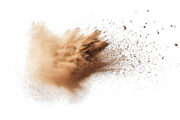 A dynamic explosion of brown powder creating a cloud of dust against a white background. suggesting movement and energy. ideal for creative projects or culinary themes