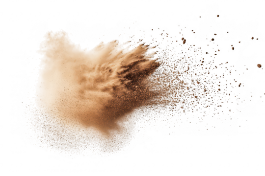 A dynamic explosion of brown powder creating a cloud of dust against a white background. suggesting movement and energy. ideal for creative projects or culinary themes