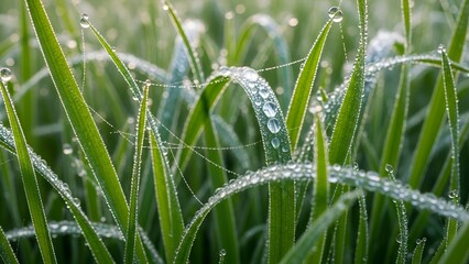 Dew Covered Grass Blades with Spider Webs in Morning Light