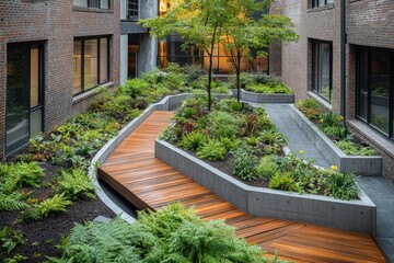 Fototapeta premium urban brick courtyard with wooden zigzag walkway, raised concrete planters filled with ferns, shrubs and a small tree, warm interior light and a calm, serene atmosphere