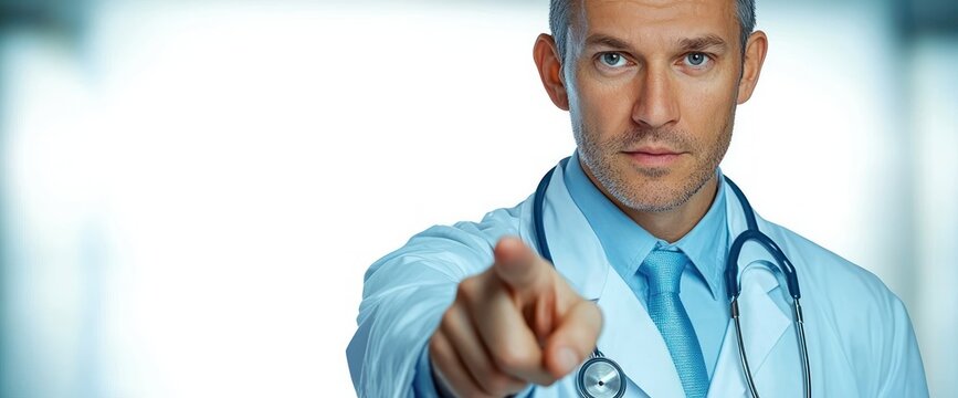 medical professional in white coat and blue tie pointing directly at viewer with stethoscope, conveying an authoritative and engaging gesture